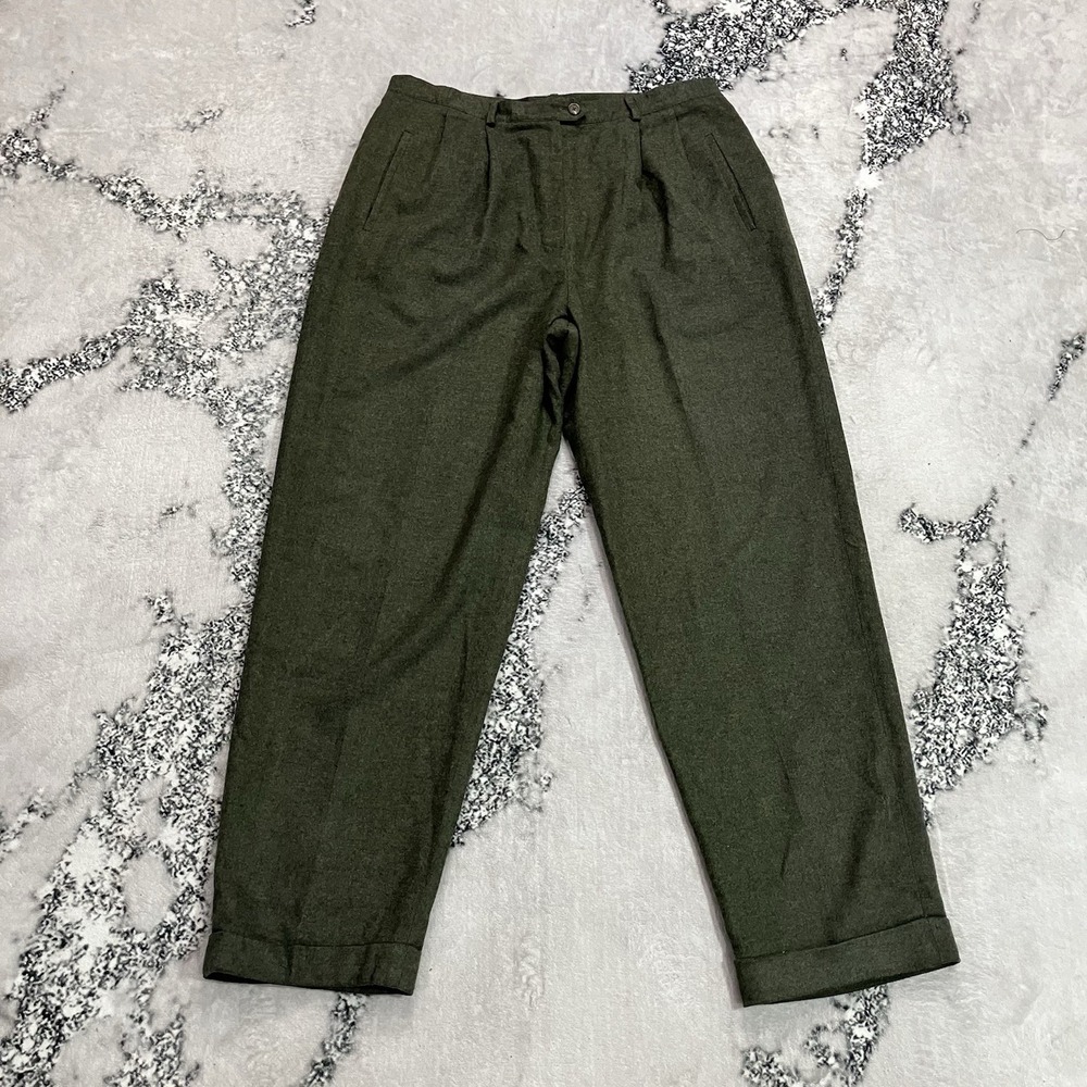 Lauren Ralph Lauren Pants Womens Size 14W Olive Green Wool Blend Pleated Cuffed